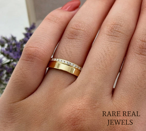 Diamond Half Eternity Wedding Band, 14K Yellow Gold Pave Ring, Lab Diamond Anniversary Band, Stackable Ring