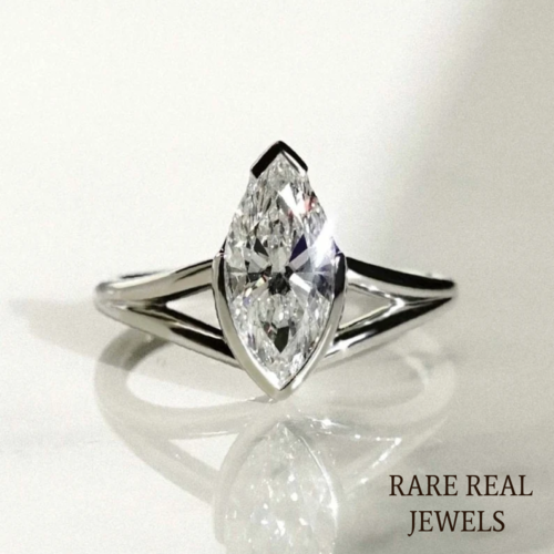 Marquise Cut 1.50CT Lab Grown Diamond Engagement Ring: 14K White Gold Split Shank
