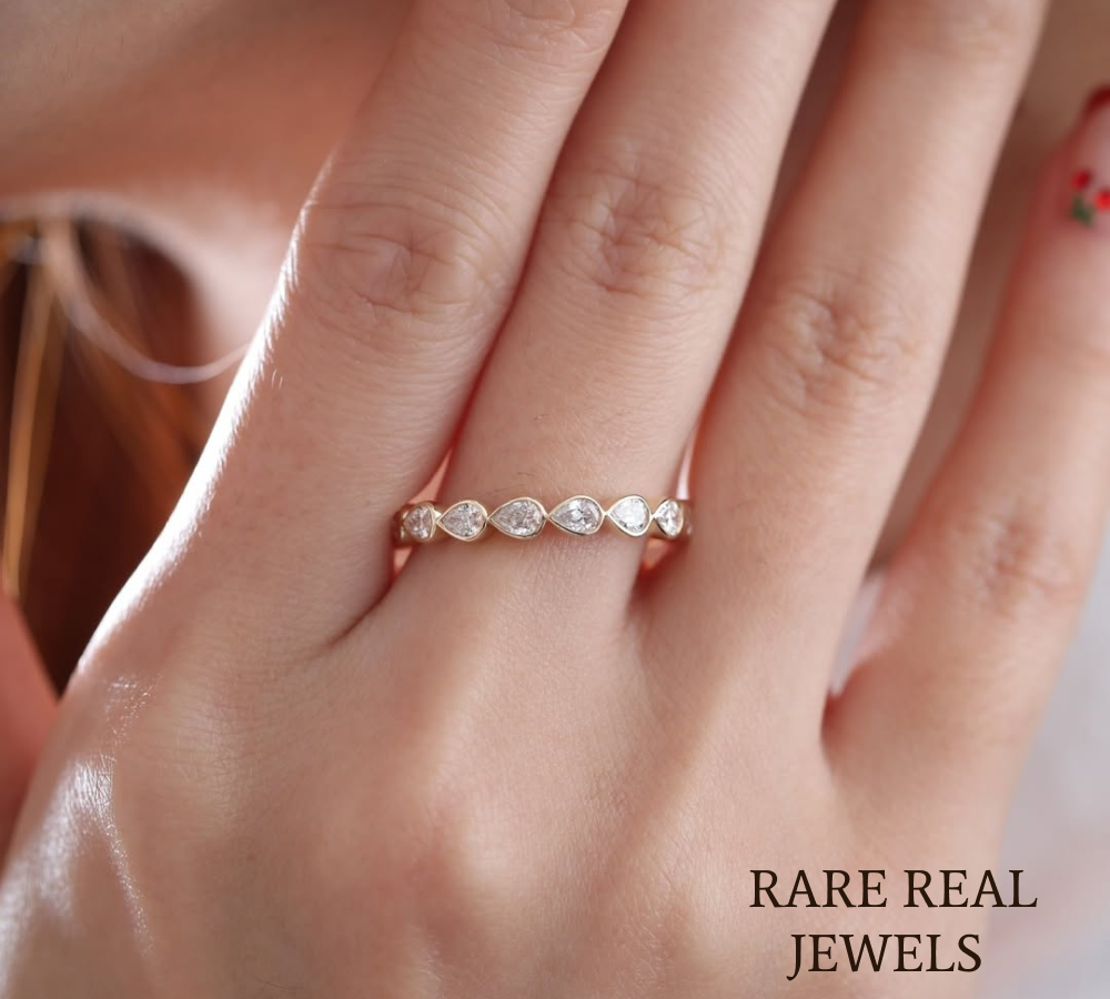 1.20CT Pear Cut Eternity Band, Yellow Gold Wedding Ring, Lab-Grown Stackable Bridal Band