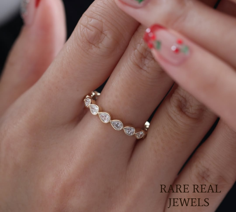 1.20CT Pear Cut Eternity Band, Yellow Gold Wedding Ring, Lab-Grown Stackable Bridal Band