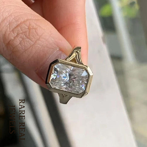 1.00CT Radiant Cut Lab Grown Diamond Ring: Vintage Yellow Gold Bezel Engagement Ring Secondary image
