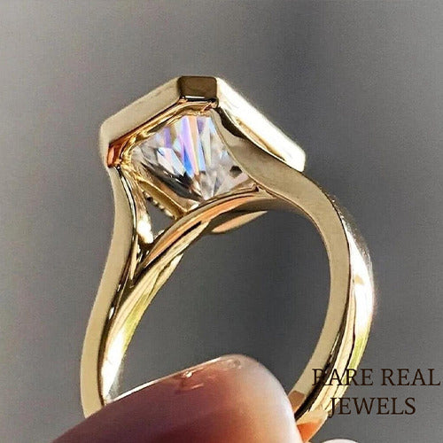 1.00CT Radiant Cut Lab Grown Diamond Ring: Vintage Yellow Gold Bezel Engagement Ring