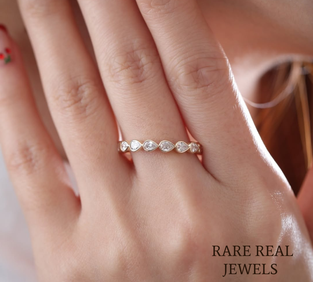 1.20CT Pear Cut Eternity Band, Yellow Gold Wedding Ring, Lab-Grown Stackable Bridal Band