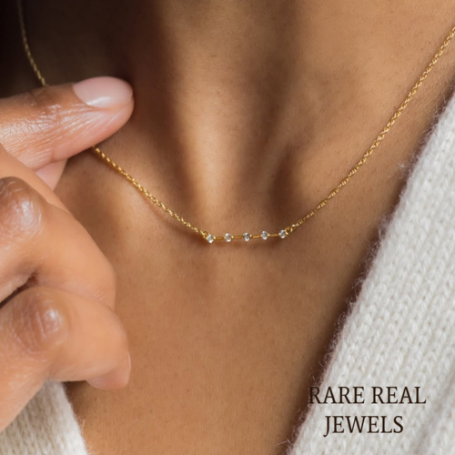 Luxury Five Diamond Station Necklace in 14K Yellow Gold – Minimalist Floating Diamond Necklace for Women Main image
