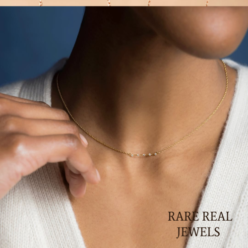 Luxury Five Diamond Station Necklace in 14K Yellow Gold – Minimalist Floating Diamond Necklace for Women