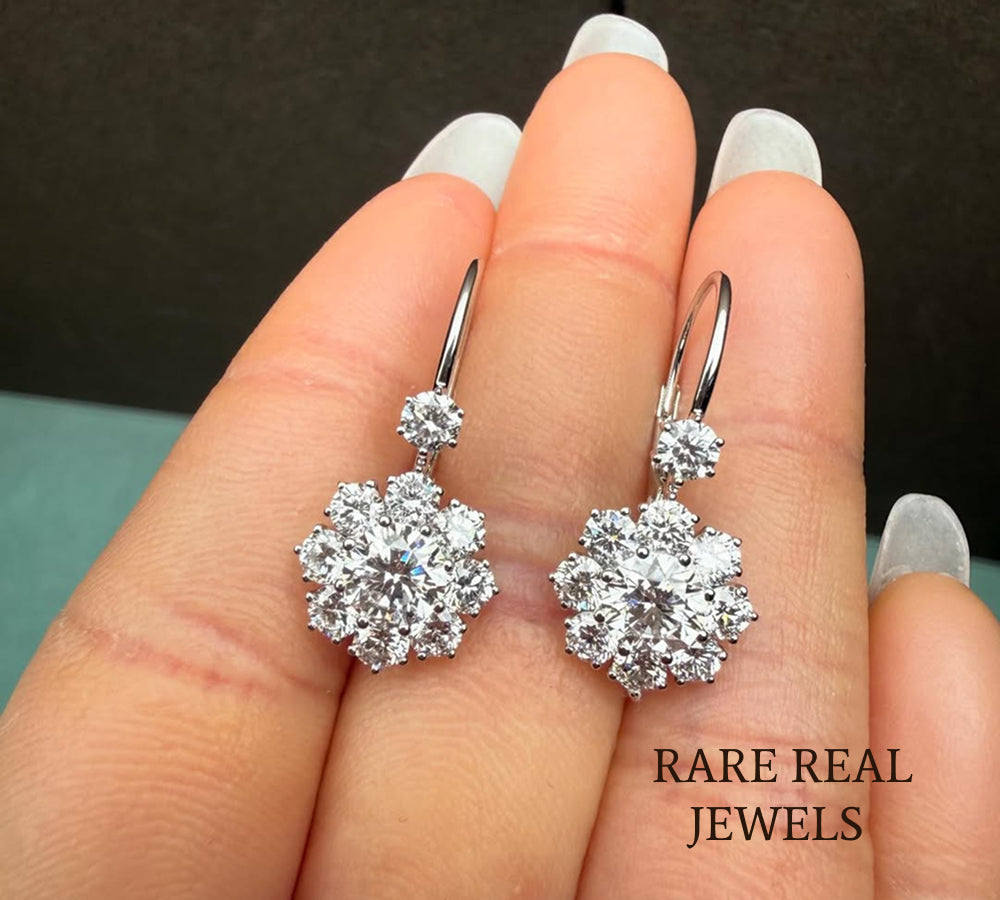 Luxury Floral Diamond Drop Earrings in 14K White Gold – Round Brilliant Cluster Diamond Dangle Earrings for Women