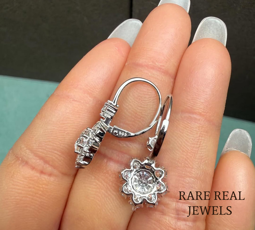 Luxury Floral Diamond Drop Earrings in 14K White Gold – Round Brilliant Cluster Diamond Dangle Earrings for Women Secondary image