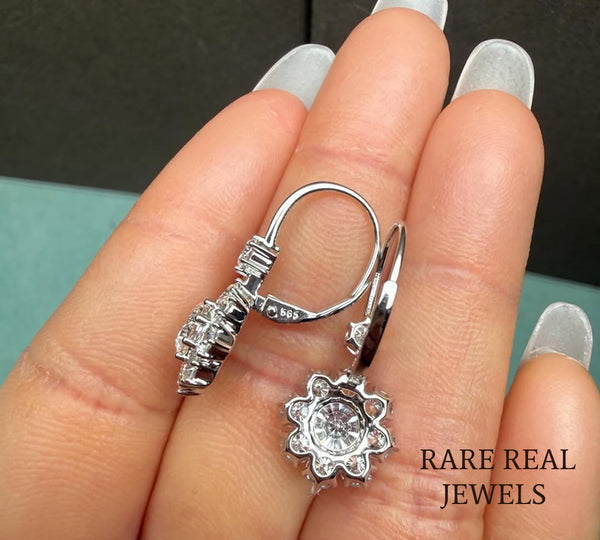 Luxury Floral Diamond Drop Earrings in 14K White Gold – Round Brilliant Cluster Diamond Dangle Earrings for Women