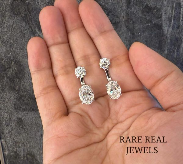 Luxury Oval and Round Diamond Drop Earrings in 14K White Gold – Two Stone Diamond Dangle Earrings for Women