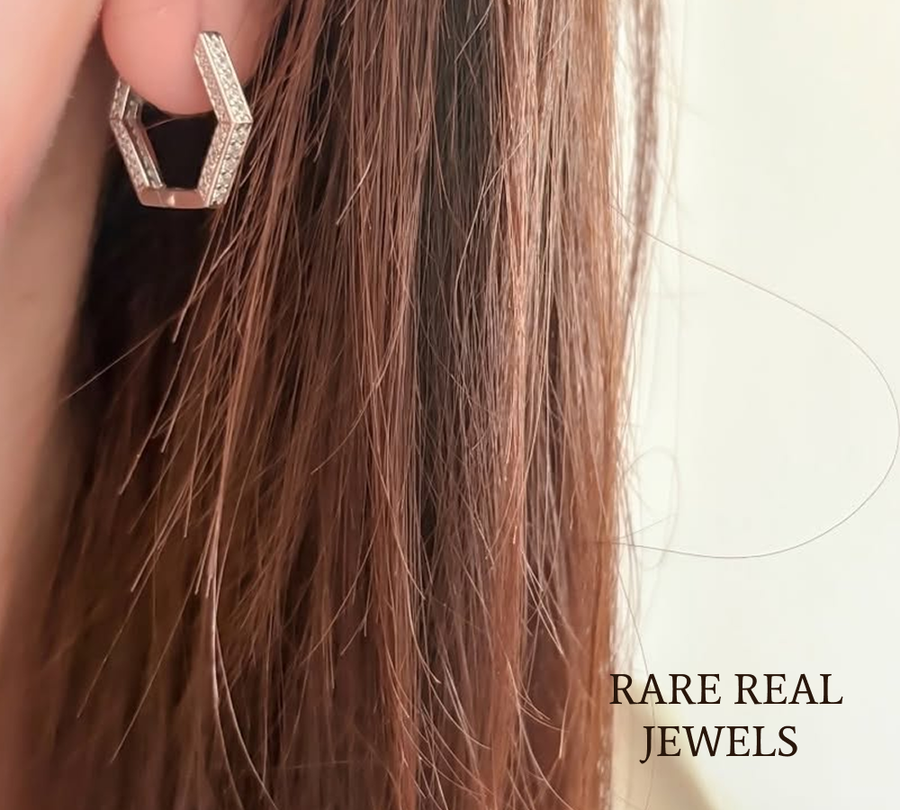 Luxury Hexagon Pavé Diamond Hoop Earrings in 14K White Gold – Modern Geometric Huggie Earrings for Women