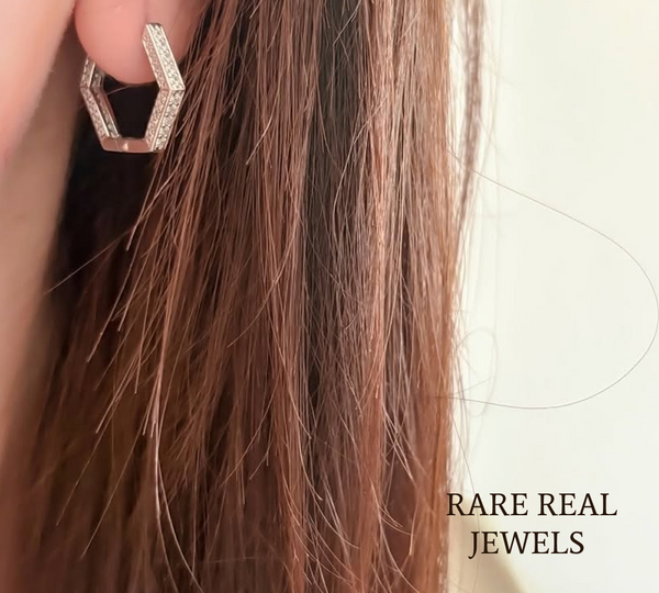 Luxury Hexagon Pavé Diamond Hoop Earrings in 14K White Gold – Modern Geometric Huggie Earrings for Women