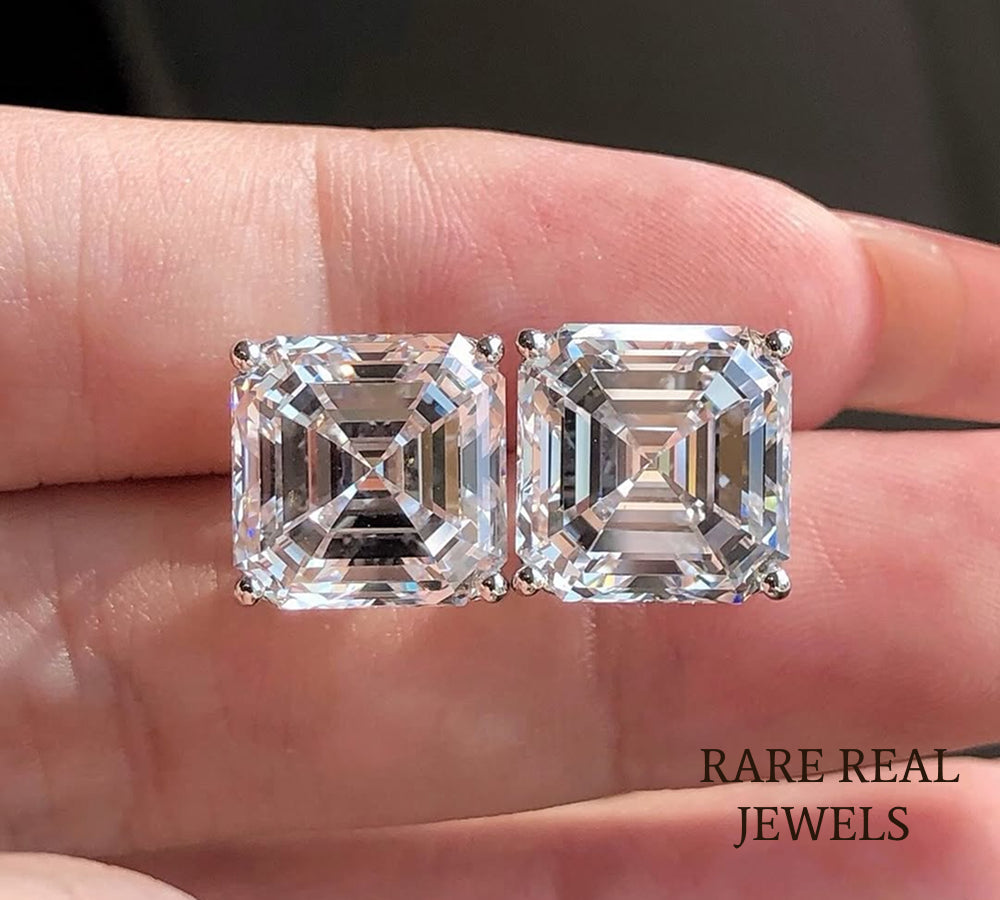 Luxury Asscher Cut Solitaire Diamond Stud Earrings in 14K White Gold – Classic Four Prong Diamond Earrings for Women Main image