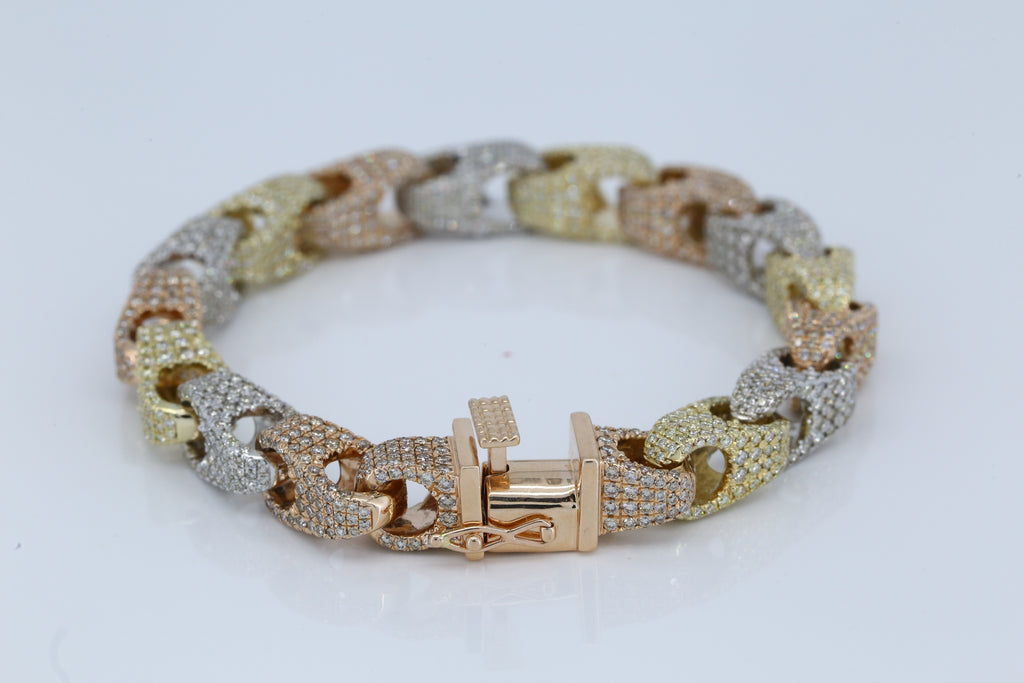 Luxury Tri-Color Diamond Cuban Link Bracelet in 14K White, Yellow & Rose Gold, Round Brilliant Pave Diamond Statement Bracelet for Men & Women