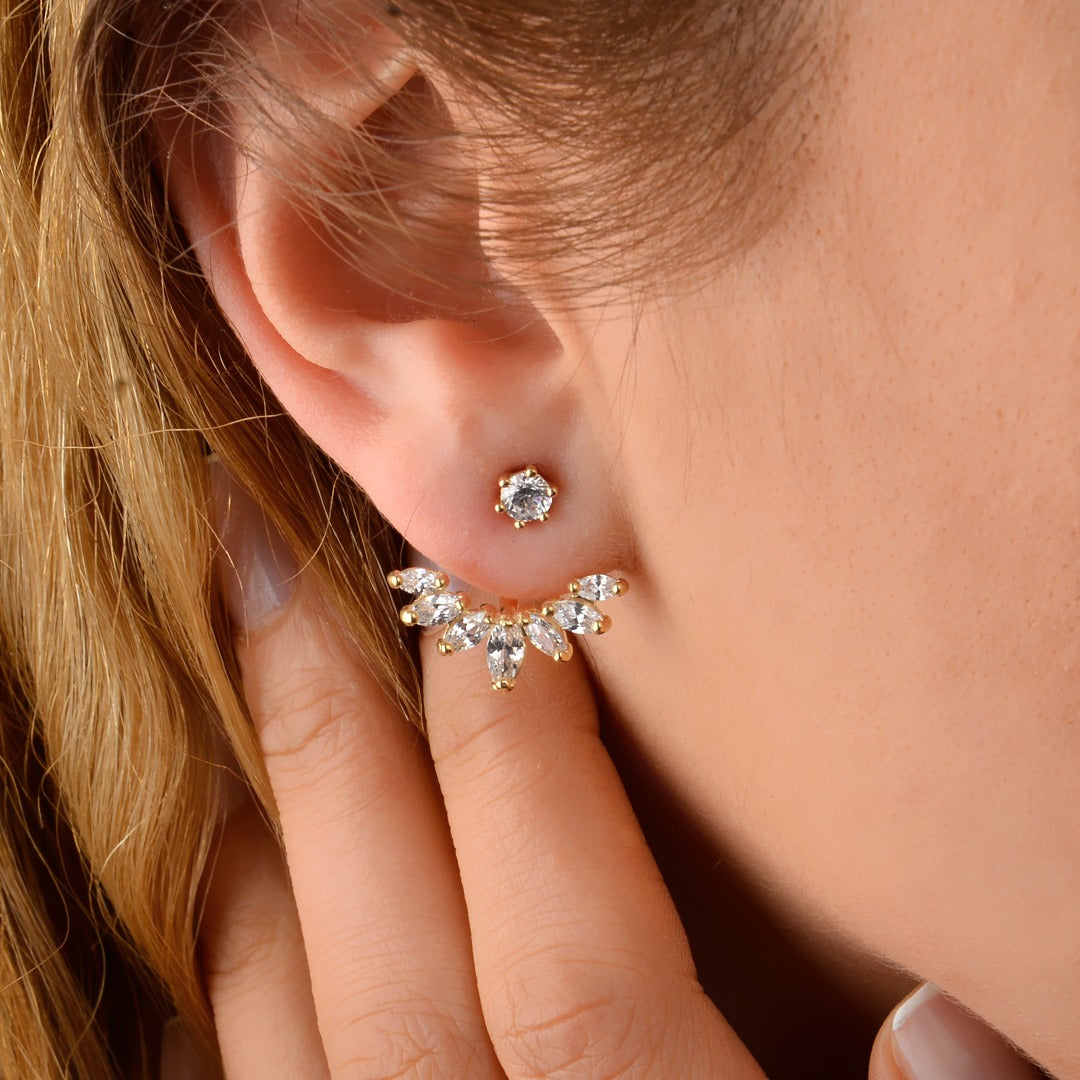 Diamond Ear Jacket Earrings, 14K Yellow Gold Marquise Diamond Stud Earrings, Lab Grown Diamond Front Back Earrings, Bridal Earrings Secondary image