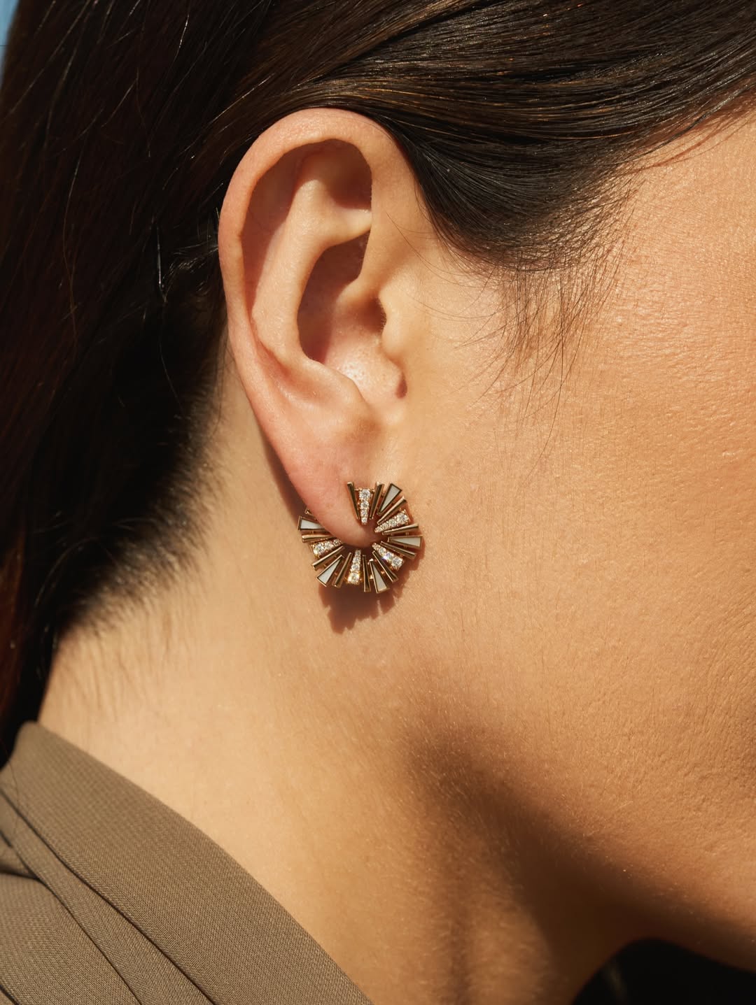 Luxury Diamond Sunburst Stud Earrings with Mother of Pearl in 14K Yellow Gold – Modern Statement Earrings for Women Secondary image