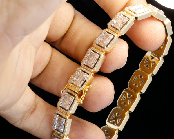 14K Yellow Gold Baguette Cut Lab Grown Diamond Tennis Bracelet | Halo Diamond Bracelet for Women | Luxury Wedding Jewelry Gift