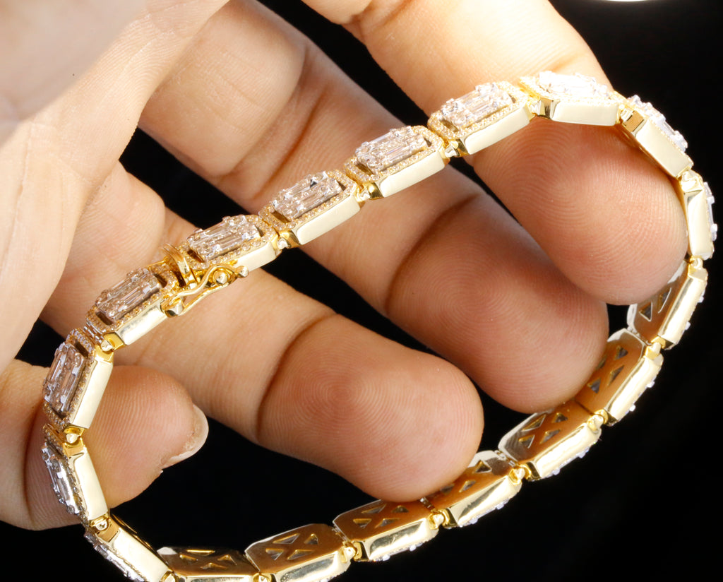 14K Yellow Gold Baguette Cut Lab Grown Diamond Tennis Bracelet | Halo Diamond Bracelet for Women | Luxury Wedding Jewelry Gift
