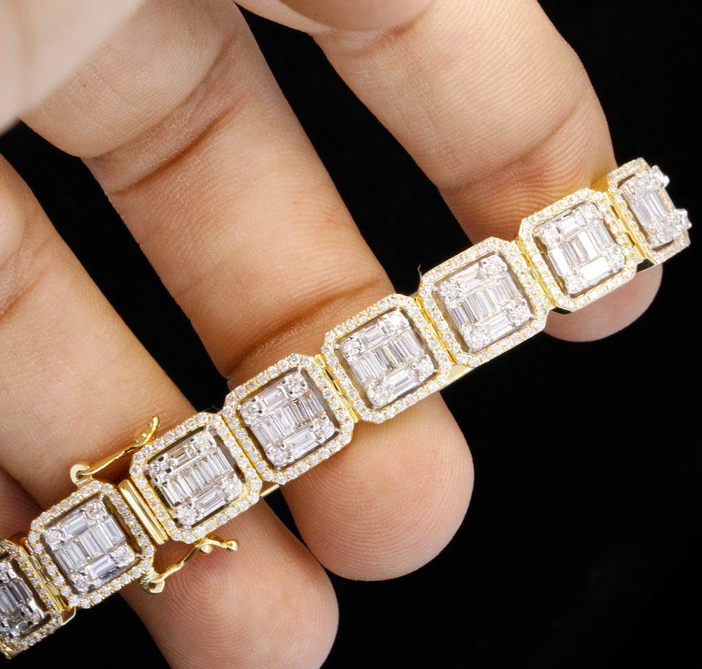 14K Yellow Gold Baguette Cut Lab Grown Diamond Tennis Bracelet | Halo Diamond Bracelet for Women | Luxury Wedding Jewelry Gift