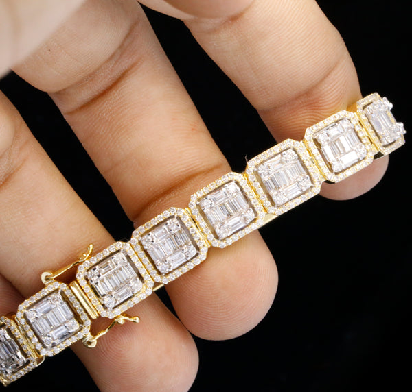 14K Yellow Gold Baguette Cut Lab Grown Diamond Tennis Bracelet | Halo Diamond Bracelet for Women | Luxury Wedding Jewelry Gift