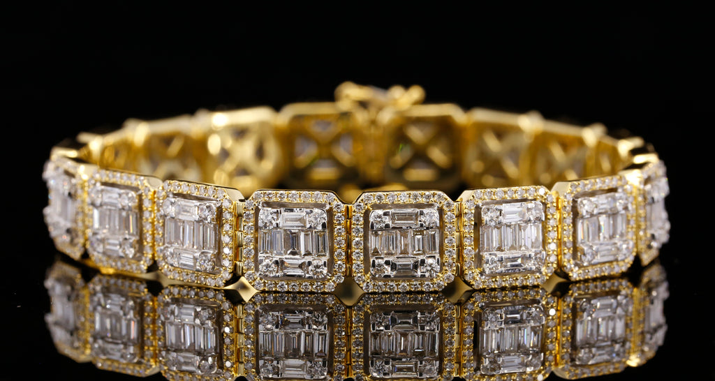 14K Yellow Gold Baguette Cut Lab Grown Diamond Tennis Bracelet | Halo Diamond Bracelet for Women | Luxury Wedding Jewelry Gift