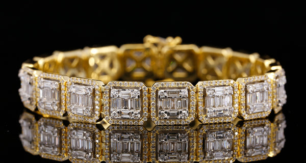 14K Yellow Gold Baguette Cut Lab Grown Diamond Tennis Bracelet | Halo Diamond Bracelet for Women | Luxury Wedding Jewelry Gift