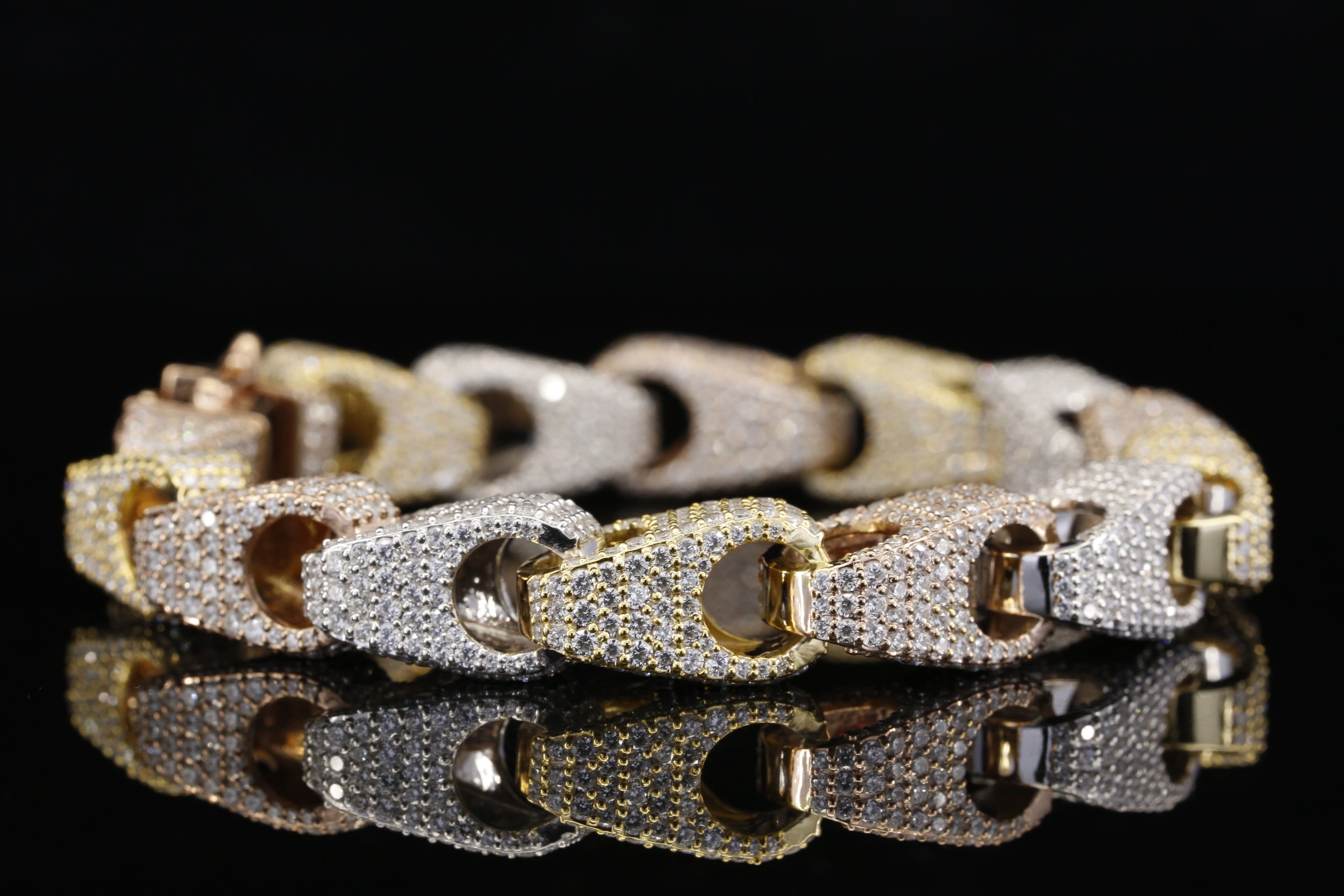Luxury Tri-Color Diamond Cuban Link Bracelet in 14K White, Yellow & Rose Gold, Round Brilliant Pave Diamond Statement Bracelet for Men & Women