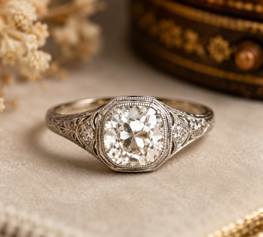 Cushion Cut Diamond Engagement Ring, Vintage Inspired Gold Ring, Lab Grown Diamond Ring, Antique Style Bridal Ring, Luxury Jewelry