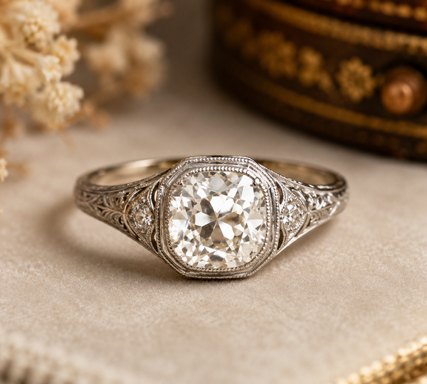 Cushion Cut Diamond Engagement Ring, Vintage Inspired Gold Ring, Lab Grown Diamond Ring, Antique Style Bridal Ring, Luxury Jewelry