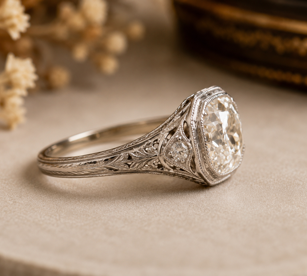 Cushion Cut Diamond Engagement Ring, Vintage Inspired Gold Ring, Lab Grown Diamond Ring, Antique Style Bridal Ring, Luxury Jewelry