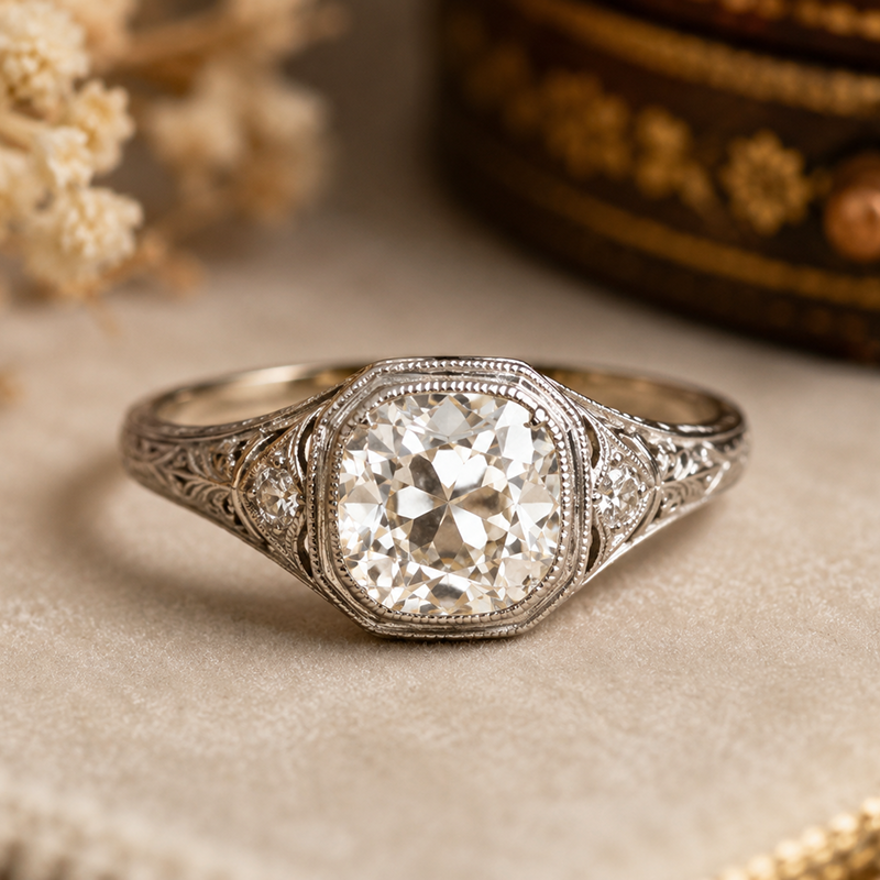 Cushion Cut Diamond Engagement Ring, Vintage Inspired Gold Ring, Lab Grown Diamond Ring, Antique Style Bridal Ring, Luxury Jewelry Main image