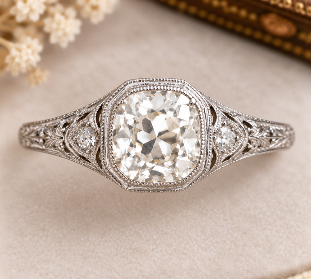 Cushion Cut Diamond Engagement Ring, Vintage Inspired Gold Ring, Lab Grown Diamond Ring, Antique Style Bridal Ring, Luxury Jewelry