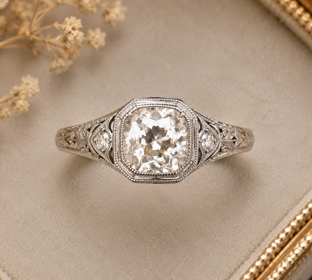 Cushion Cut Diamond Engagement Ring, Vintage Inspired Gold Ring, Lab Grown Diamond Ring, Antique Style Bridal Ring, Luxury Jewelry