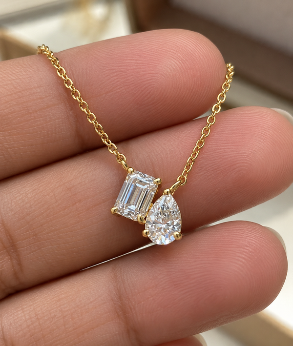 Emerald & Pear Cut Lab Grown Diamond Necklace, Two Stone Diamond Pendant, Yellow Gold Minimalist Necklace For Her