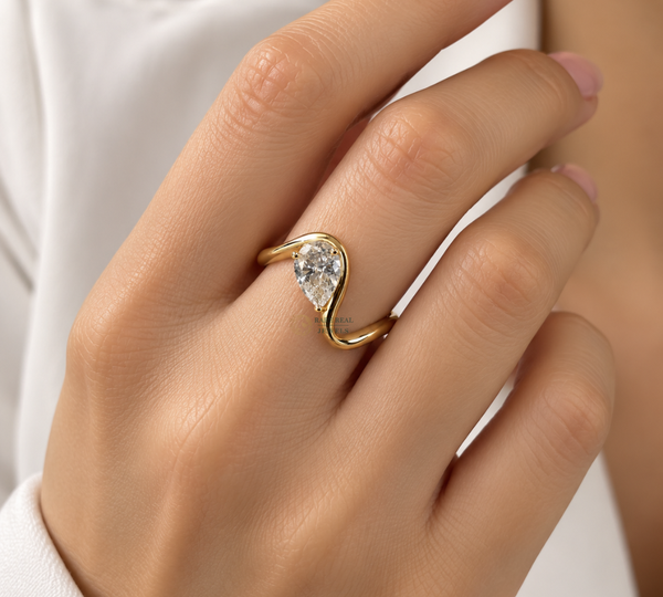 Pear Cut Lab Grown Diamond Engagement Ring, Solitaire Open Wrap Ring, Yellow Gold Ring, Bridal Ring, Proposal Ring for Her