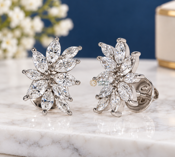 Marquise Diamond Flower Earrings, Lab Grown Diamond Stud Earrings, Floral Cluster Earrings, Gift for Her, Wedding Jewelry