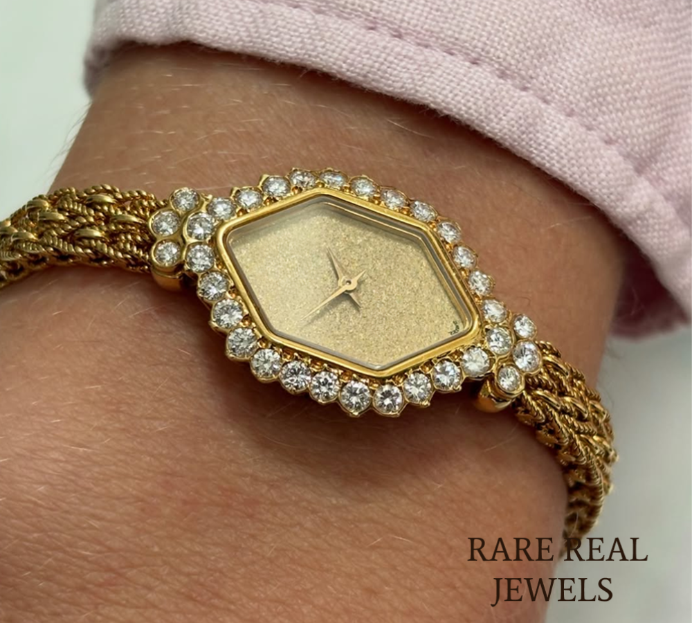 925 Sterling Silver Diamond Watch, Vintage Hexagon Women's Watch, Yellow Gold Luxury Watch, Pavé Diamond Bezel Watch