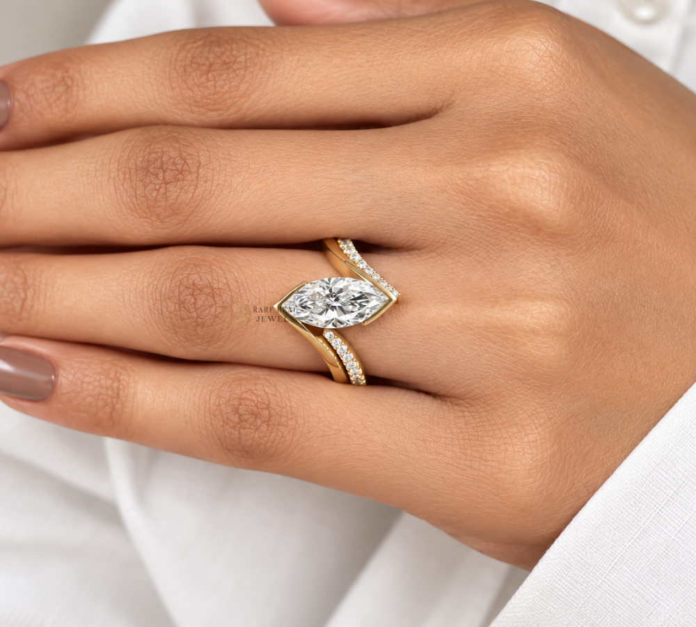 Marquise Cut Lab Grown Diamond Engagement Ring Set, Yellow Gold Bridal Ring, Wrap Wedding Band, Unique Proposal Ring