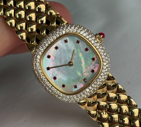 925 Sterling Silver Diamond Watch, Mother of Pearl Dial Watch, Luxury Women's Watch, Pavé Diamond Bezel, Ruby Marker Watch