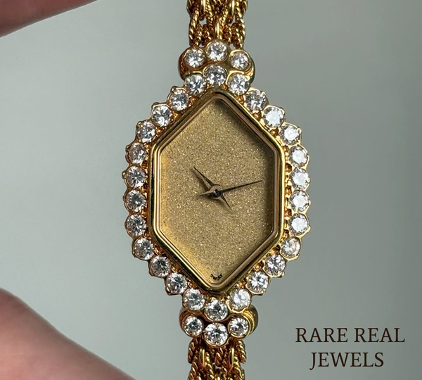 925 Sterling Silver Diamond Watch, Vintage Hexagon Women's Watch, Yellow Gold Luxury Watch, Pavé Diamond Bezel Watch