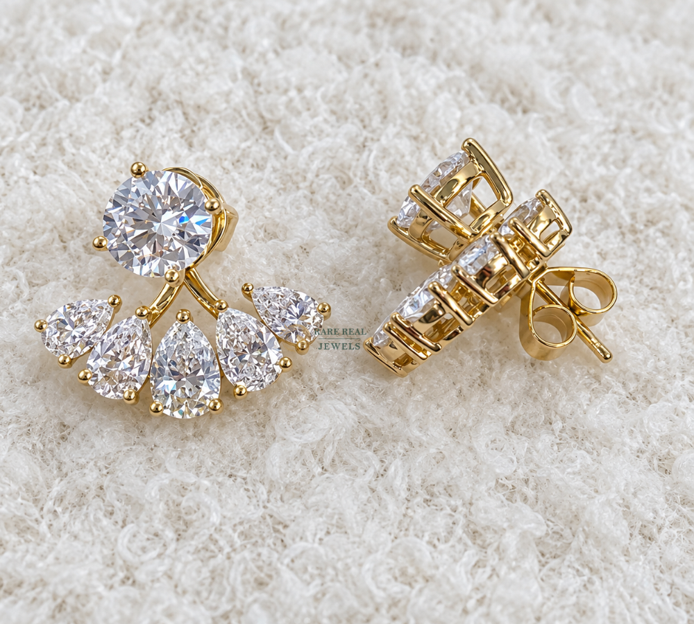 Pear Cut Lab Grown Diamond Jacket Earrings, Round Diamond Stud Earrings, Yellow Gold Bridal Earrings Gift For Her