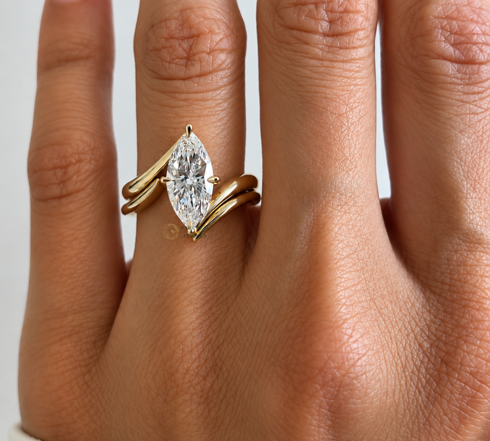 Marquise Cut Lab Grown Diamond Ring, Curved Wedding Band Set, Solitaire Engagement Ring, Gold Bridal Ring