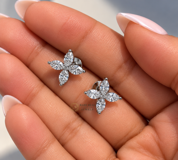 Marquise Cut Lab Grown Diamond Flower Stud Earrings, Floral Diamond Earrings, White Gold Earrings, Gift For Her, Bridal Jewelry