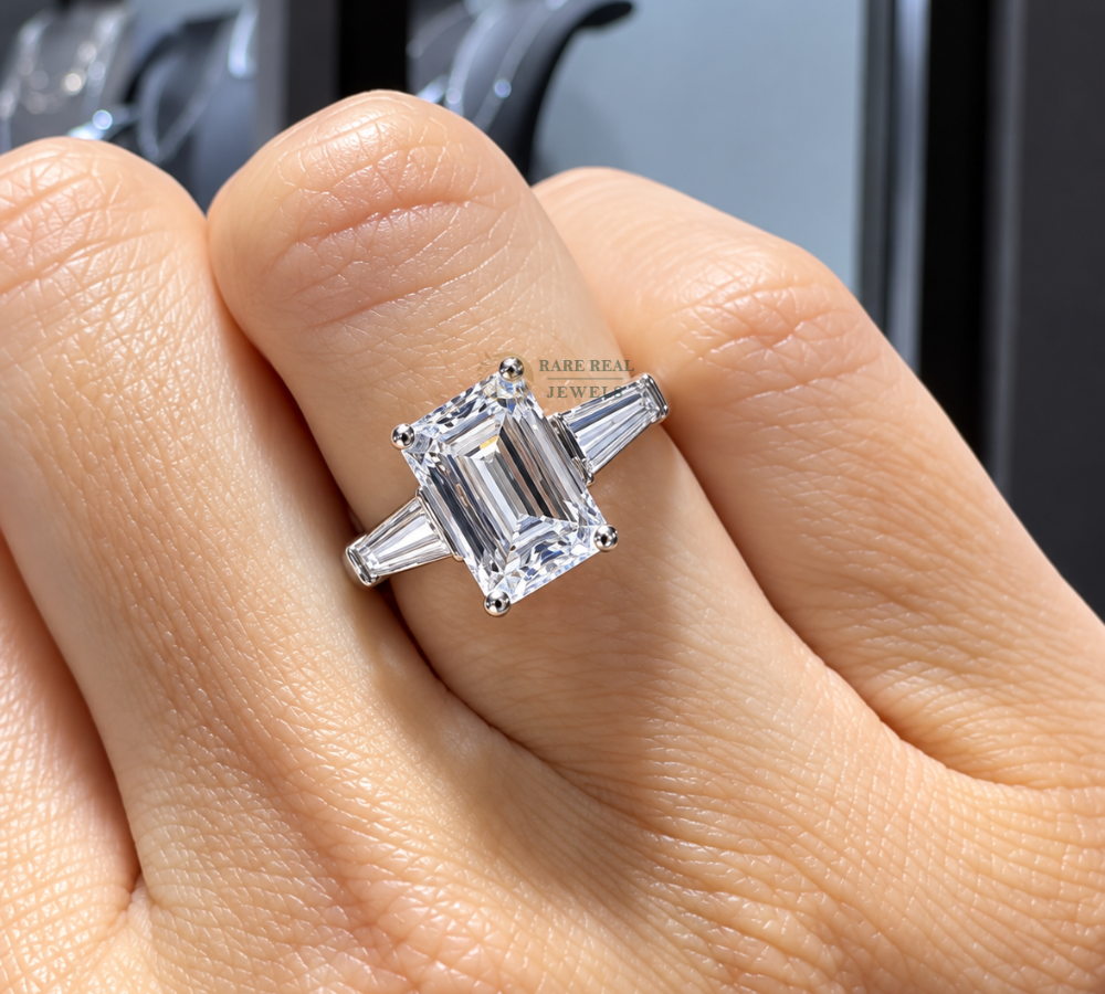 Emerald Cut Lab Grown Diamond Ring, Tapered Baguette Engagement Ring, White Gold Three Stone Bridal Jewelry Gift For Her