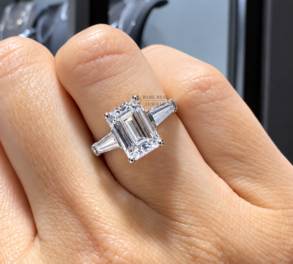 Emerald Cut Lab Grown Diamond Ring, Tapered Baguette Engagement Ring, White Gold Three Stone Bridal Jewelry Gift For Her