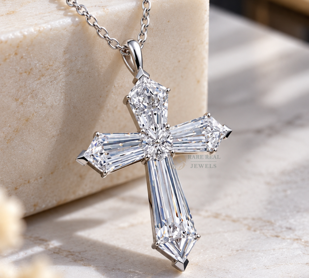 Baguette Lab Grown Diamond Cross Necklace, 10K 14K 18K White Gold Cross Pendant, Christian Gift, Baptism Jewelry For Her
