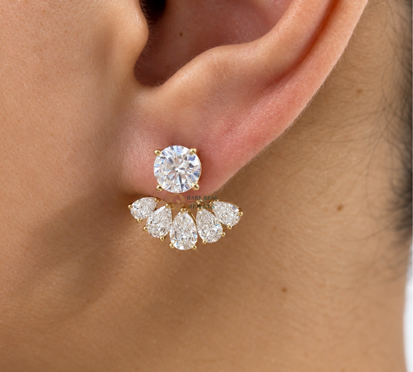 Pear Cut Lab Grown Diamond Jacket Earrings, Round Diamond Stud Earrings, Yellow Gold Bridal Earrings Gift For Her