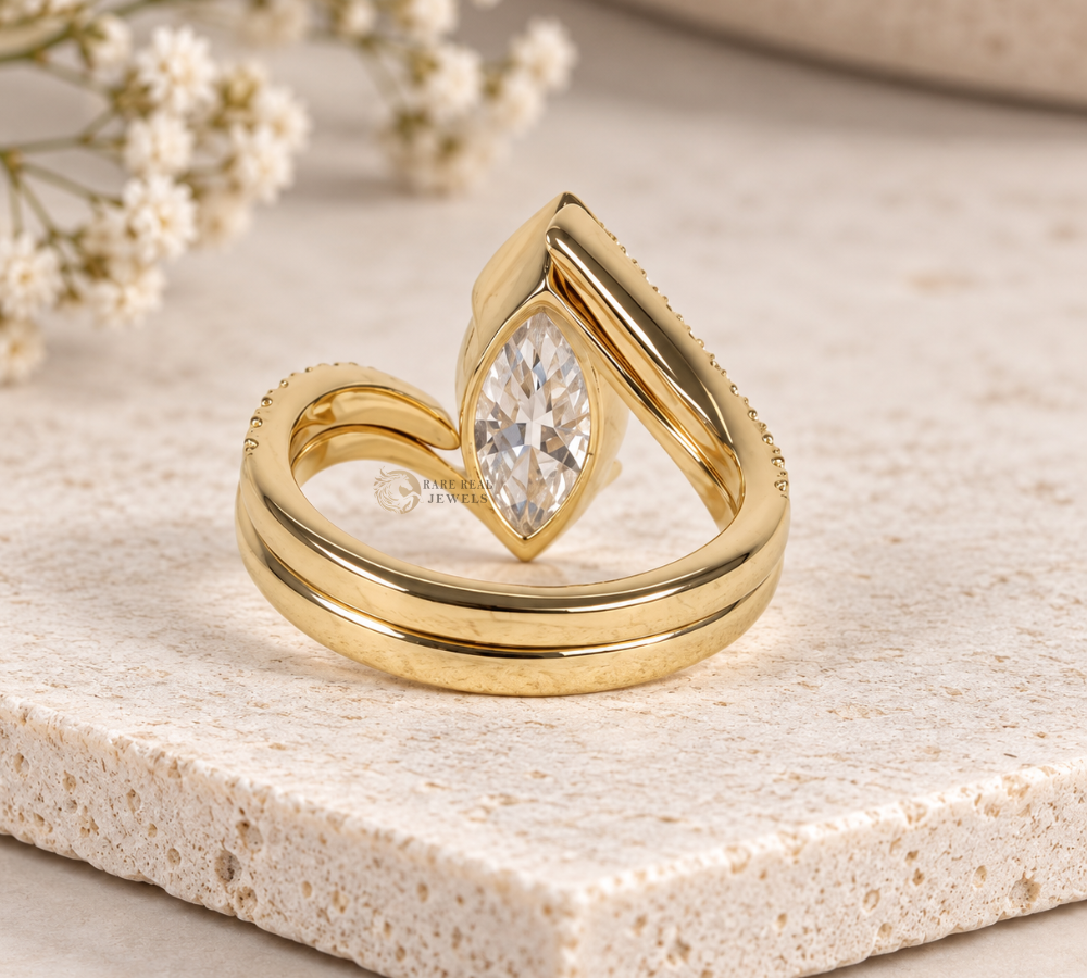 Marquise Cut Lab Grown Diamond Engagement Ring Set, Yellow Gold Bridal Ring, Wrap Wedding Band, Unique Proposal Ring