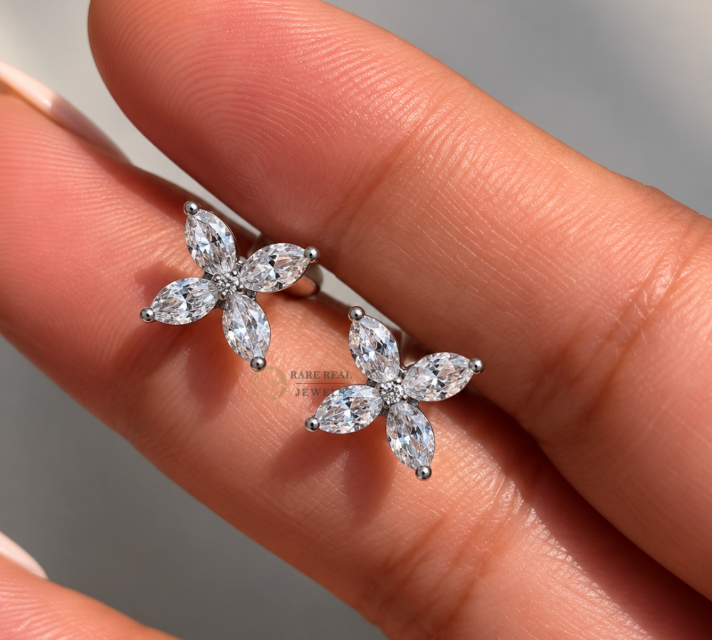 Marquise Cut Lab Grown Diamond Flower Stud Earrings, Floral Diamond Earrings, White Gold Earrings, Gift For Her, Bridal Jewelry