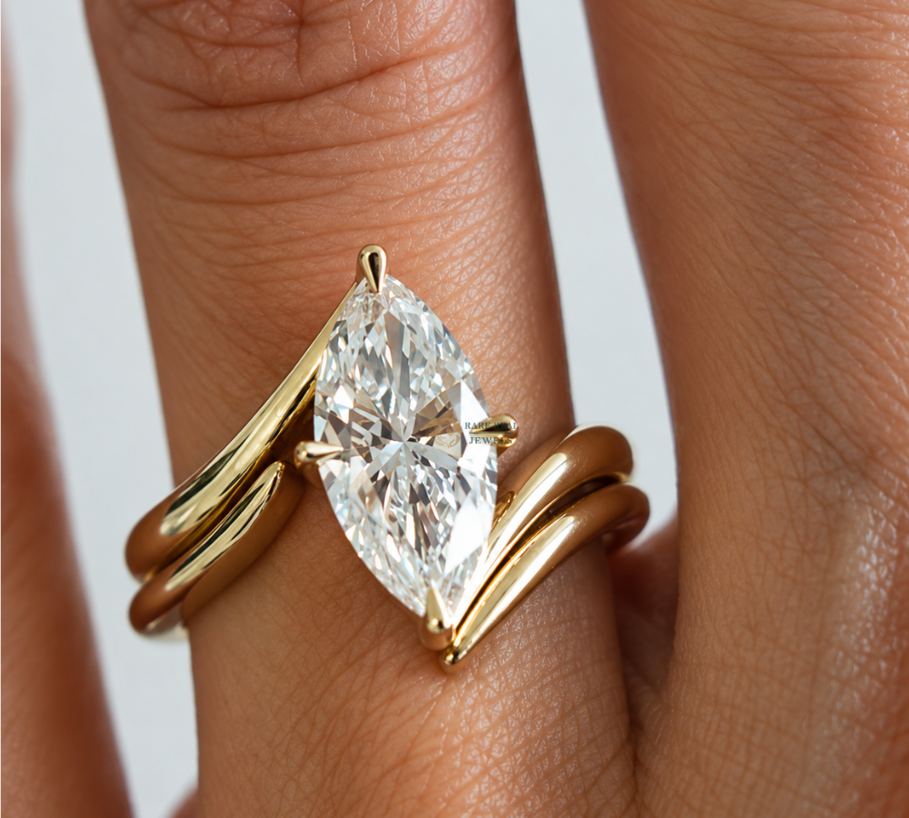 Marquise Cut Lab Grown Diamond Ring, Curved Wedding Band Set, Solitaire Engagement Ring, Gold Bridal Ring