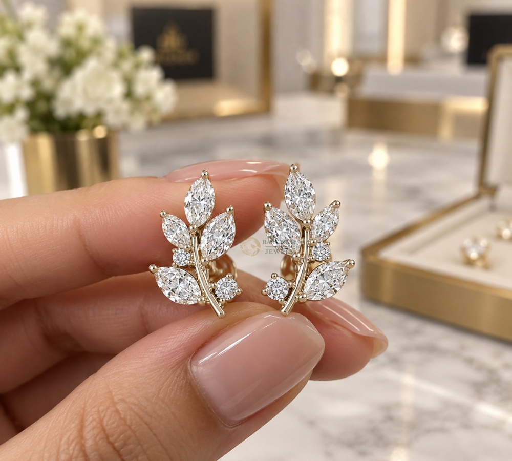 Marquise Diamond Leaf Earrings, Lab Grown Diamond Stud Earrings, Nature Inspired Bridal Earrings, Gift for Her Main image